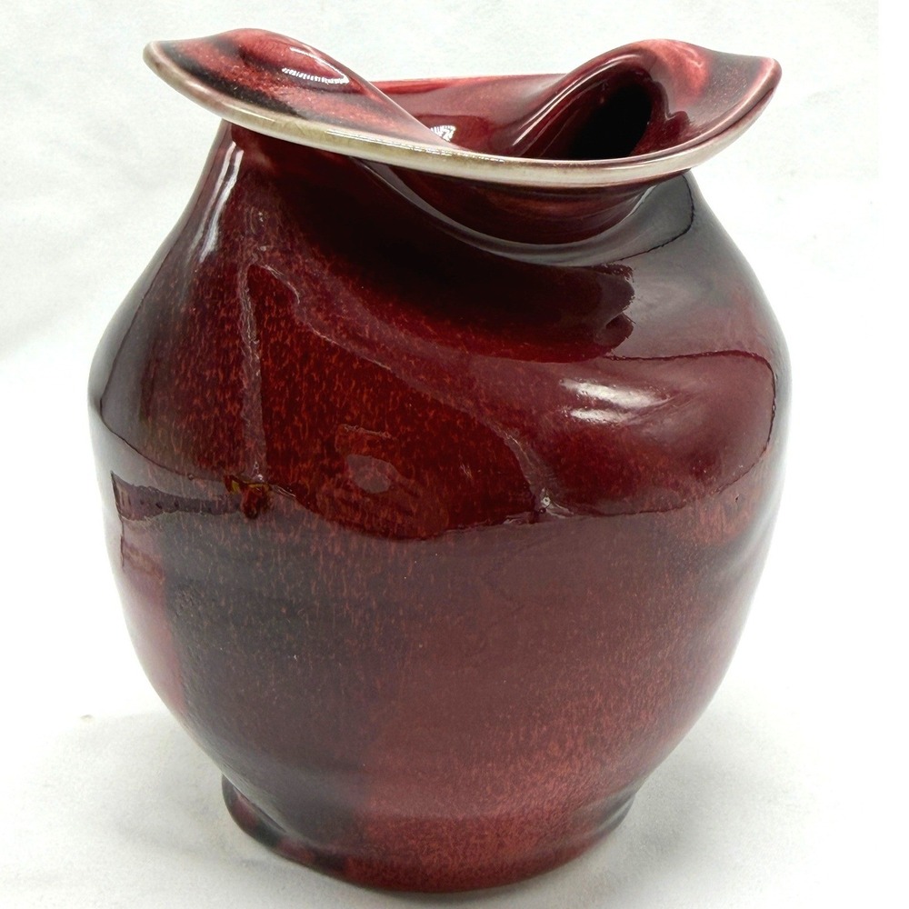 Vintage Studio Pottery Folded Rim Vase Burgundy Oxblood Glaze Signed TL 91
